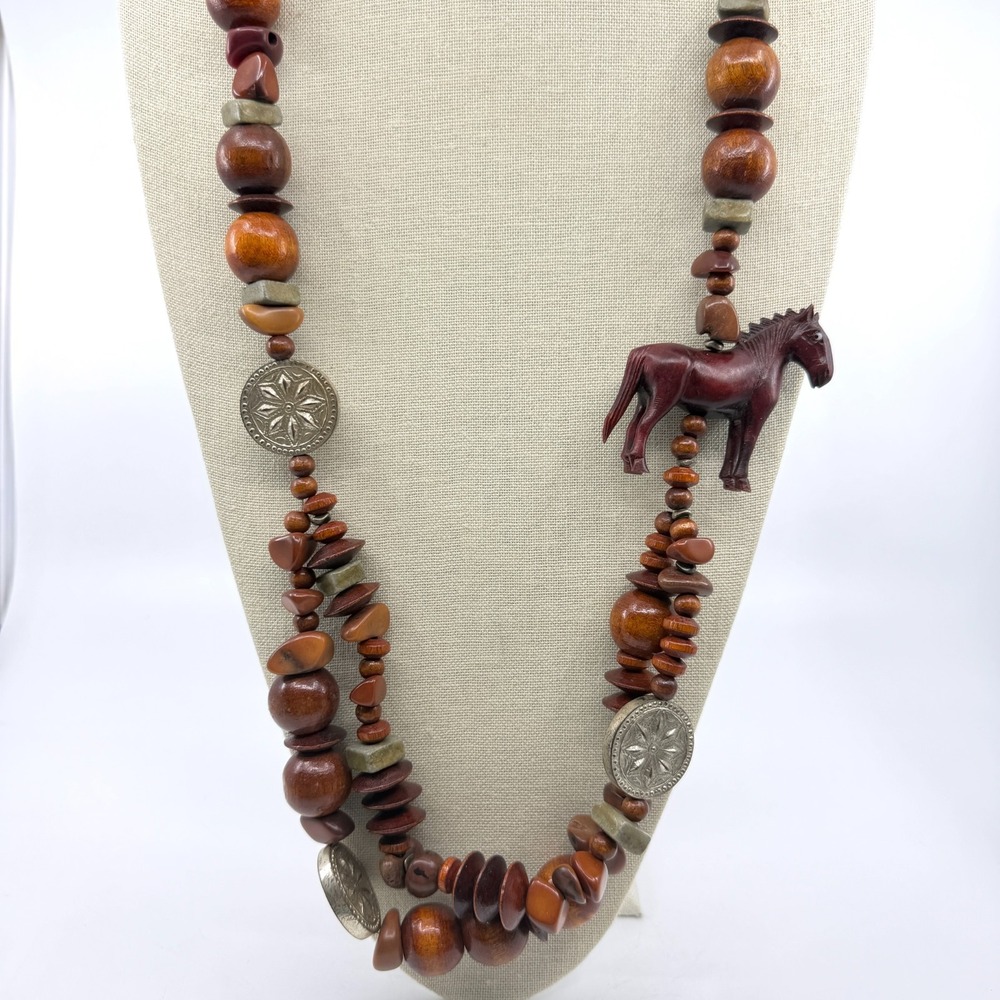 Unique Hand Carved Wooden Horse Necklace Boho Earthy Statement Equestrian Style
